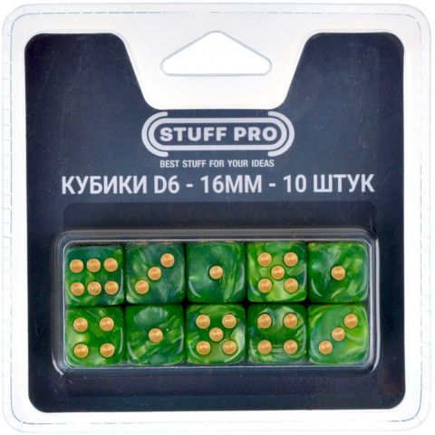 Набор нефритовых кубиков D6 Stuff Pro, 10 шт. (16 мм, зеленые с белым)