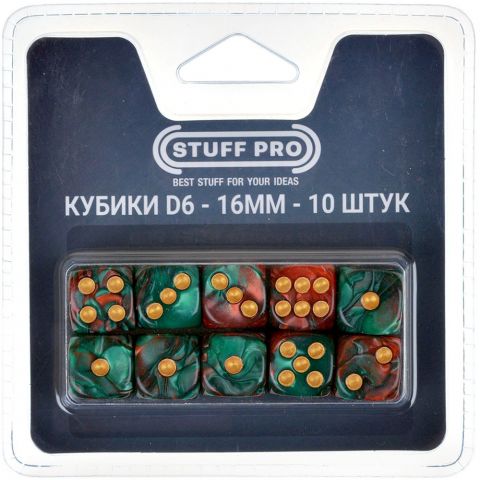 Набор нефритовых кубиков D6 Stuff Pro, 10 шт. (16 мм, красные с зеленым)
