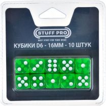 Набор прозрачных кубиков D6 Stuff Pro, 10 шт. (16 мм, зелёные)